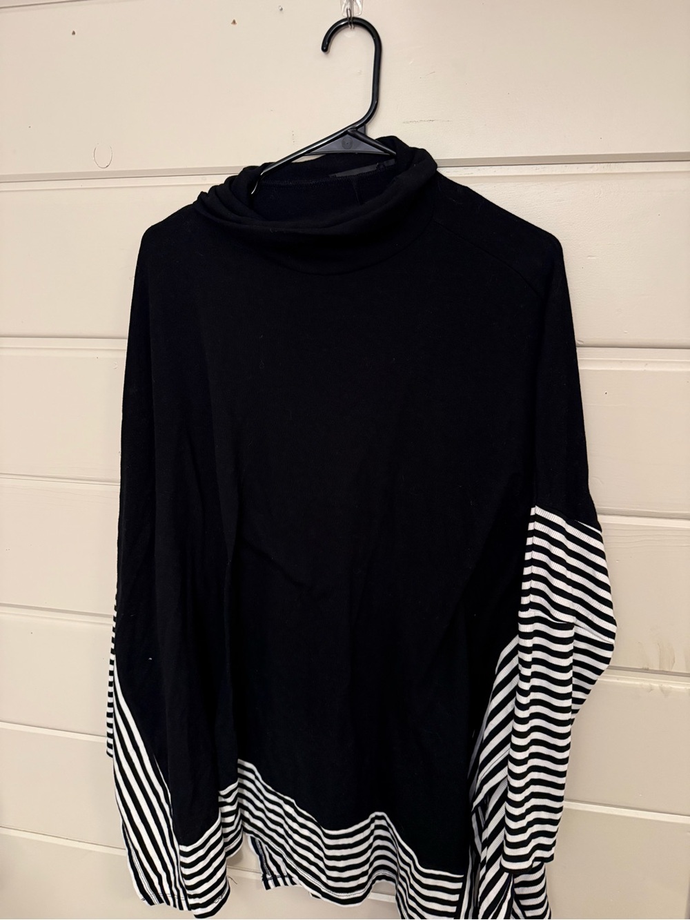 Doe & Rae Black Turtleneck Sweater with Black and White Striped Accents🌸
